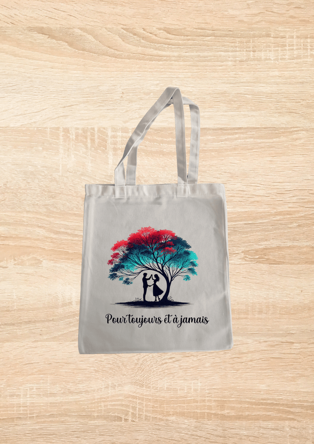 Sac fourre tout motif couple sous un arbre coloré 