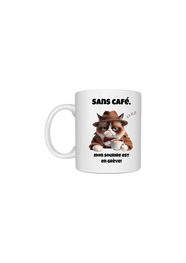 Mug en Céramique Personnalisé - Chat grognon  "Sans café, mon sourire est en grève"