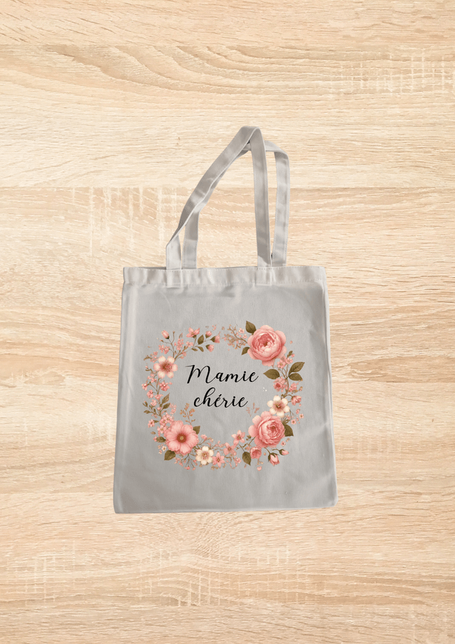 Sac fourre tout mamie chérie motif couronne floral rose 