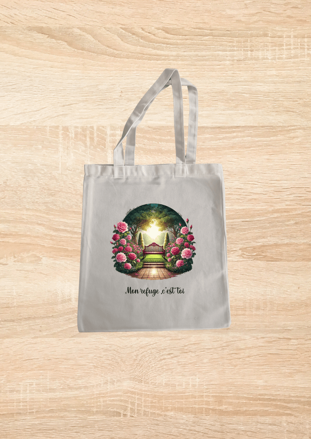 Sac fourre tout motif banc avec ses roses rose qui l'entour 