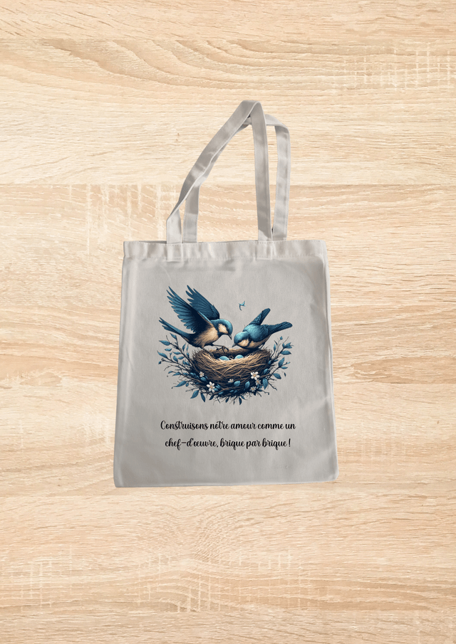 Sac fourre tout motif nid d'oiseau bleu 