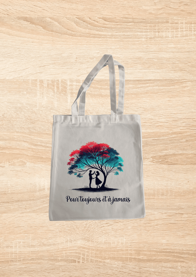 Sac fourre tout motif couple sous un arbre coloré 