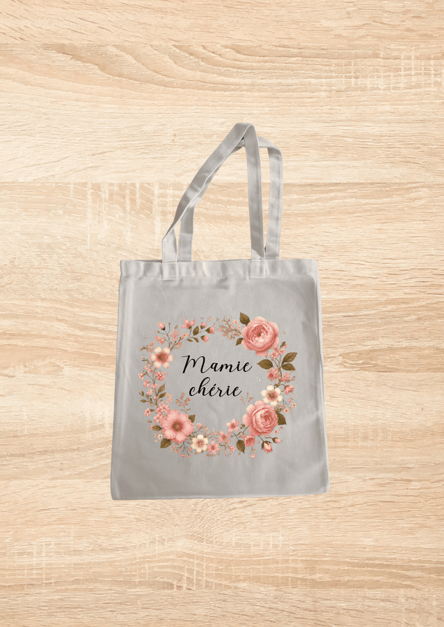 Sac fourre tout mamie chérie motif couronne floral rose 
